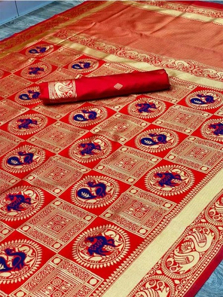 Wedding Season Red Colour Slab Weaving Soft Royal Combination