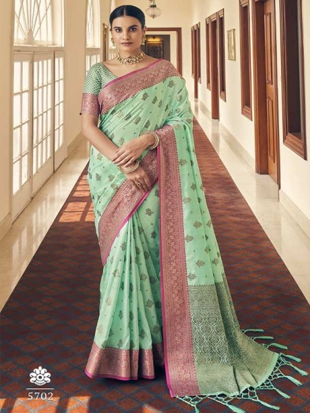 Cyan Colour Tussar Silk weaving Saree