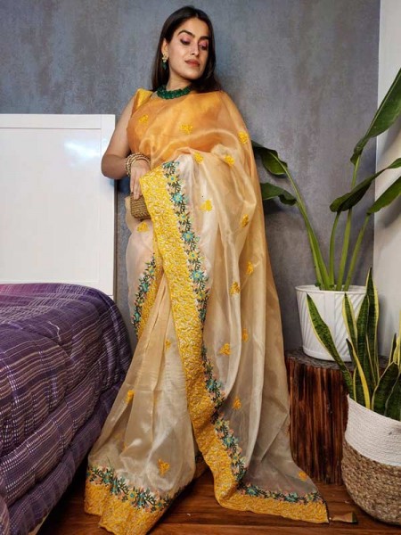 Pure Soft Pedding Organza Silk Saree With Beautiful Embroidery Floral Work 