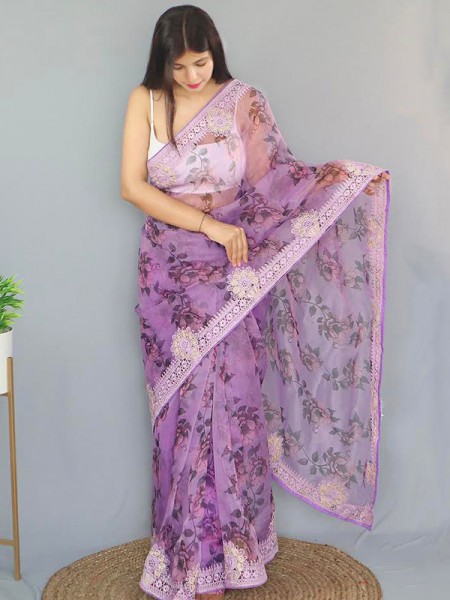Floral Style Organza Silk Digital Printed Saree with banglori silk blouse