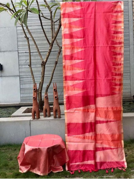 Latest Designer Silk Saree with unique pallu & katha stitched weave in its outline