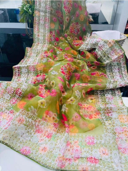 Floral Style Organza Printed Saree with zari work border