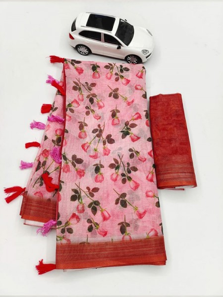 Eye-Catching Linen Printed Saree Latkan with Silver Zari Patta 