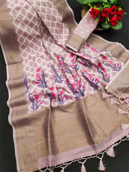 Floral Style Linen weaving Saree with zari woven border & pallu