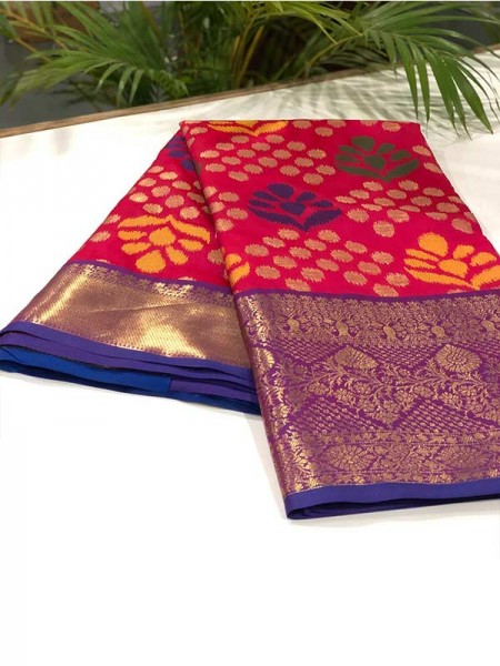 Stylish Look Pink Colour Soft Banarasi Handloom Ikkat Weaving Silk Saree