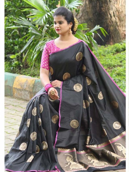 Latest Traditional Look Black  Color Soft Banarasi Silk Rich Pallu With Checks And Peacock Butta And Full Saree Peacock Butta Saree