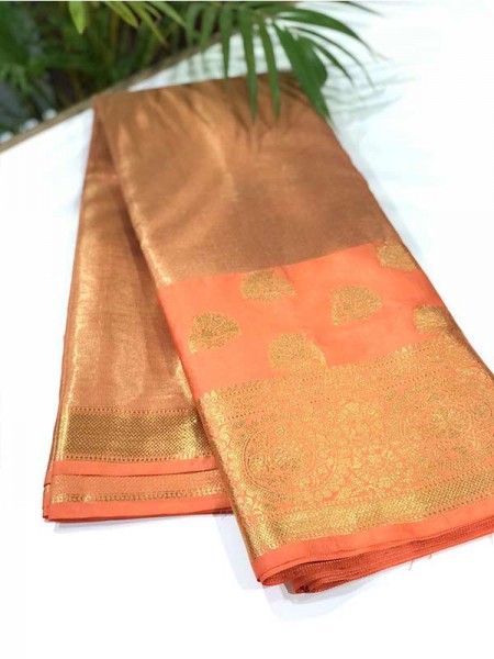 Stylish Look Orange Colour Soft Tissue using Jacquard weaving Saree 