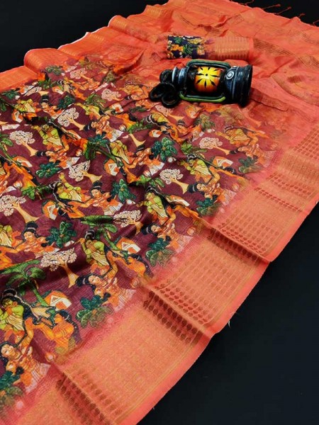 Beautiful Semi Handloom  Linen With Jacquard Border Kalamkari Digital Printing 