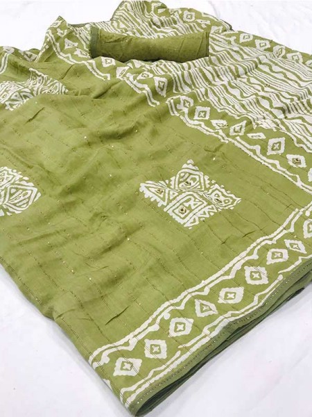 Branded soft cotton with sequence with battik print with mirror work 