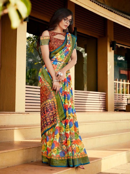 Stunning Multi Color Linen With Self Zari Patten Saree