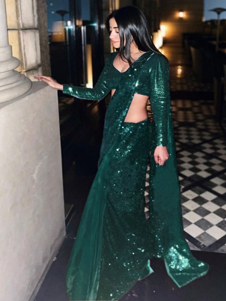 Bollywood Look Green Colour Diamond Silk Georgette Fancy Sequnce Work With Fancy Sequnce Border Saree