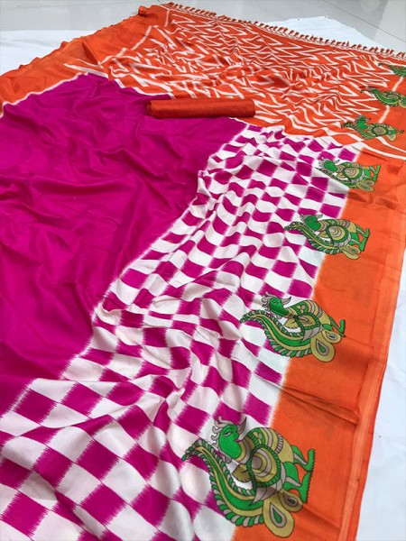 Beautiful Semi Handloom Linen Chanderi Sarees With Pochampally Kalmkari Saree