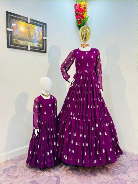 Wine Colour Fox Georgette With Siquns Embroidery Work Ruffle Full Flir Long Sleeve Full Stitching Combo Gown 