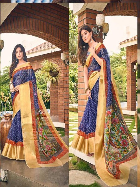Premium Organza Checks Bandhani Digtal  Rich Pallu With Kalamkari Design Weaving 
