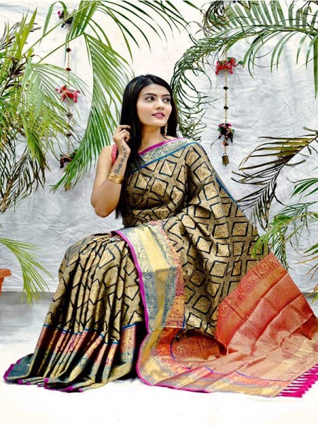 Ethnic Kancipuram Silk Saree outstanding vibrant creativity pure zari weaving Border with elegant touchable