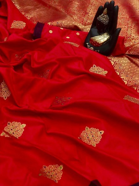 Attractive Look Orange color Banarasi Handloom Weaving Silk Saree