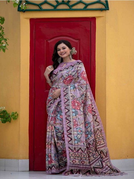 Soft Linen Cotton saree with Beautiful Kalamkari print