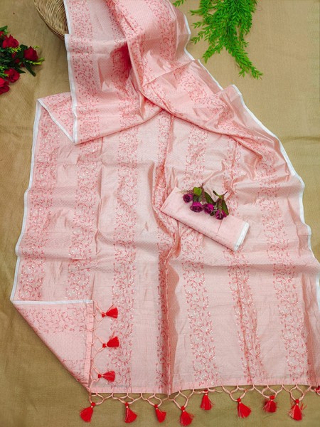 Exclusive Linen Silk Saree With AllOver Shining hand print with contrast fancy tassels