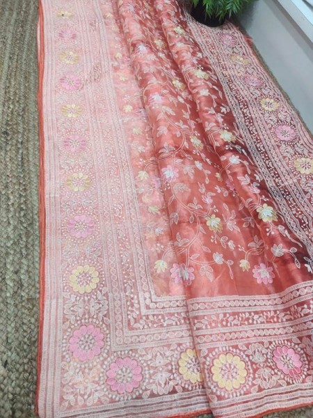 Organza printed Saree with Kashmiri Thread work with piping on Border