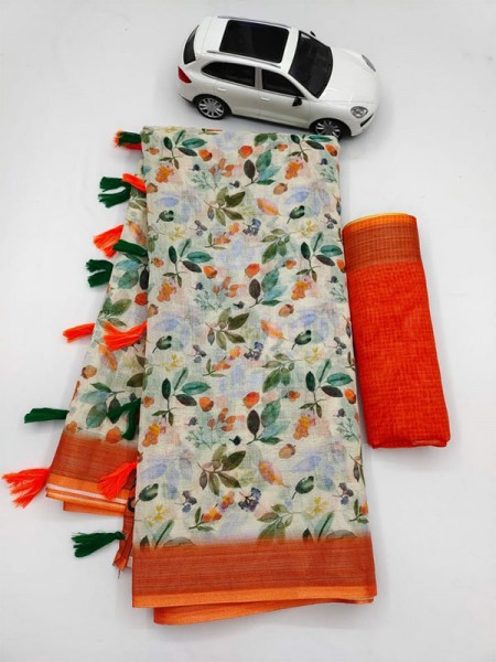 Adorable Linen Latkan Printed Saree with Silver Jari Patta