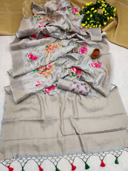 Beautiful Look Soft Munga Silk weaving Digital printed Saree with zari woven border