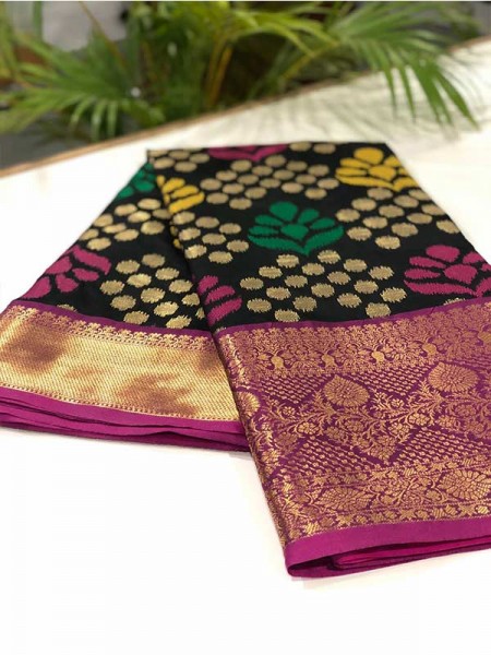 Stylish Look Black Colour Soft Banarasi Handloom Ikkat Weaving Silk Saree