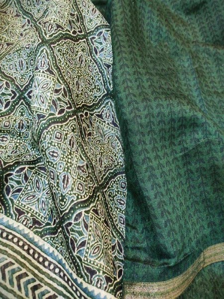 Beautiful Silk Linen Digital Print Saree With Ajrakh Print Pallu And Bandhani Print  In Full Saree 