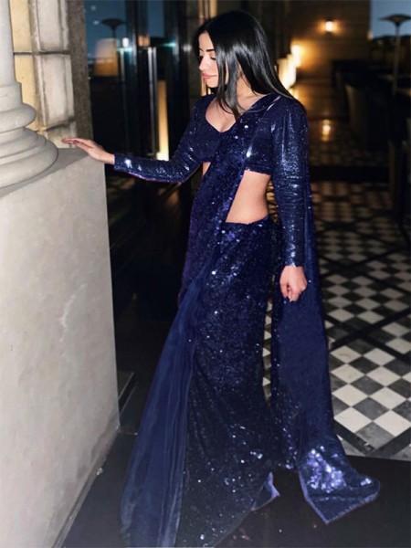 Bollywood Look Blue Colour Diamond Silk Georgette Fancy Sequnce Work With Fancy Sequnce Border Saree