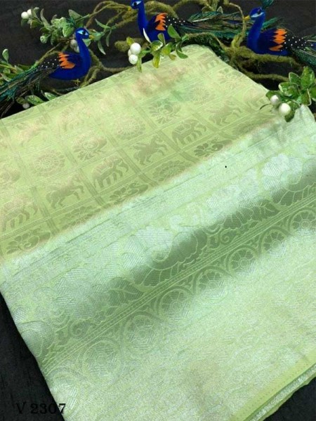 Stunning Look Green Colour Pure Banarasi Silk with pure Silver kasab Jari yarn