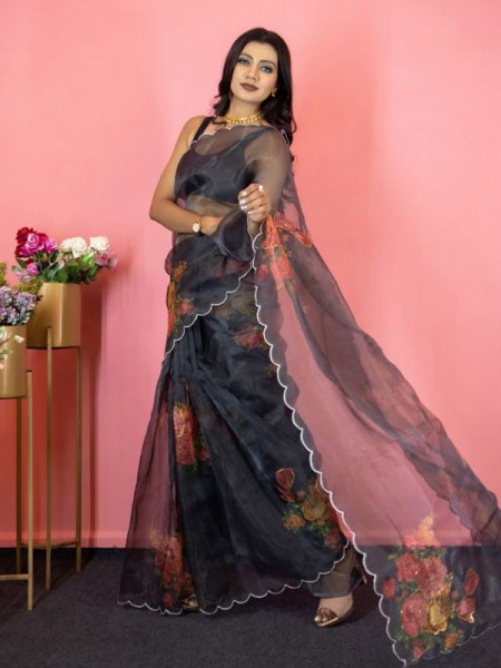 Classic Look Soft pure Organza Sequence work Digital printed Saree