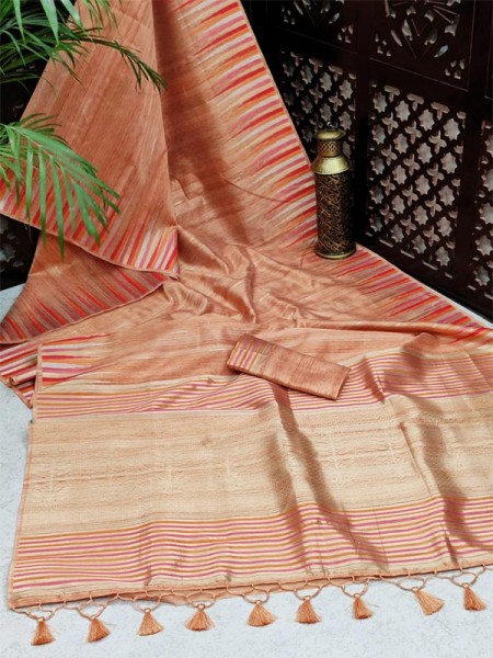 Ikkat Style Tussar Silk Saree with rich Zari woven Pallu & fancy Tassels 