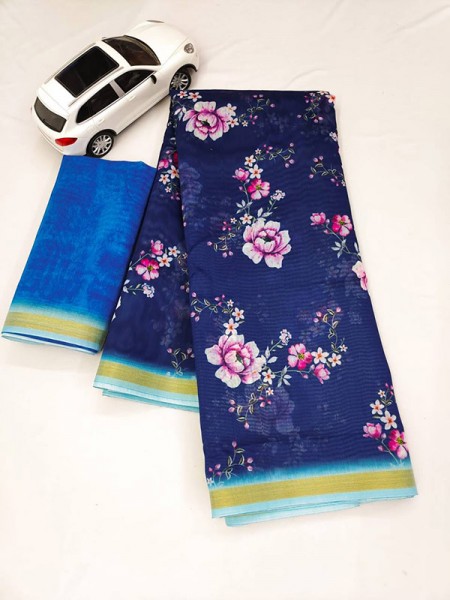 New Superhit Cotton Linen Printed Saree with Golden weaving Jari Patti