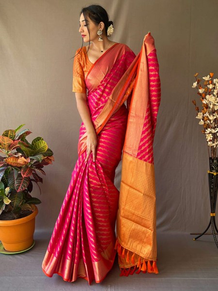 Special Designer Banarasi Patola Saree with Leheriya Gold Zari Weaves & Meenakari Weaving