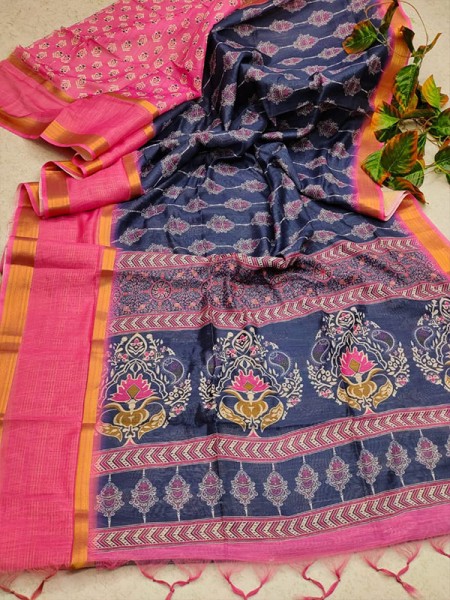 Ajrakh printed Mul Mul Cotton Saree with big zari woven border & contrast blouse piece