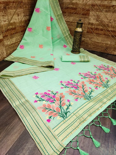 Attractive Look Pure Linen Saree with Weaving Colourfull Pallu & Zari Woven border
