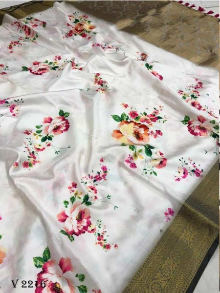 White Colour Flower Print Soft Silk Banrasi Saree