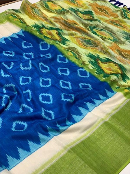 Beautiful Semi Handloom Linen Chanderi Sarees With Pochampally Kalmkari Beautiful Prints 