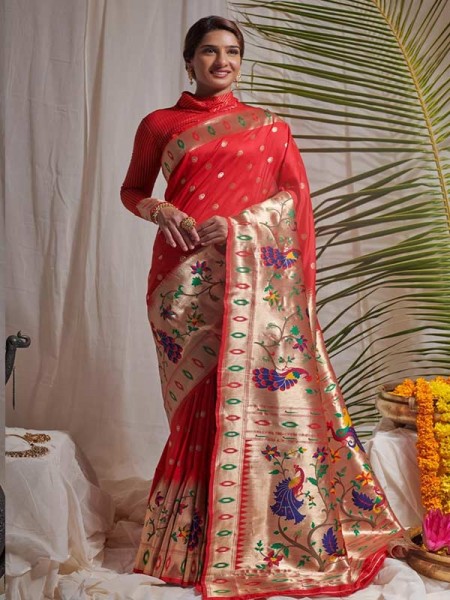 Gorgeous Look Pure Silk Paithani With Half Half Concept Saree