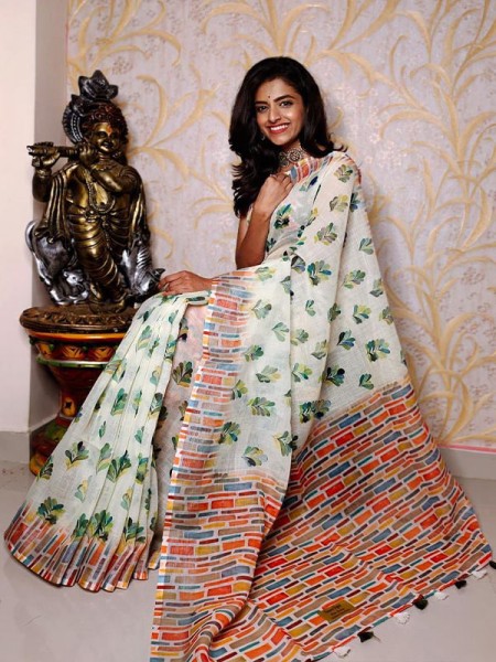Stunning Look Linen Printed Saree with Silver Zari Patta 
