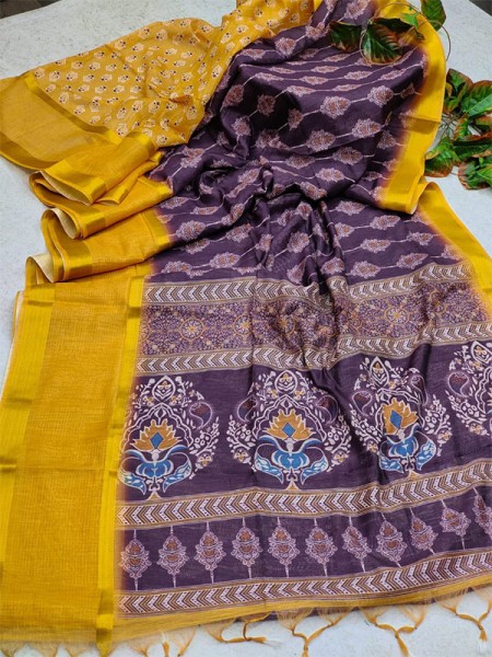 Ajrakh printed Mul Mul Cotton Saree with big zari woven border & contrast blouse piece