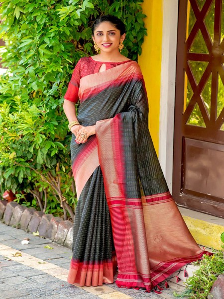 Exclusive Look South Silk Saree with zari woven contrast Temple Border and Ikkat Pallu