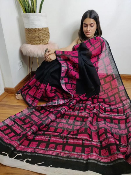 Modern Look Linen Printed Saree with Latkan & Silver Jari Patta