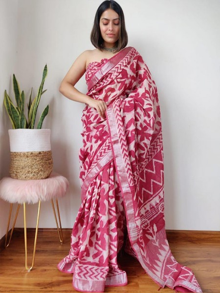 Modern Look Linen Printed Saree with Latkan & Silver Jari Patta