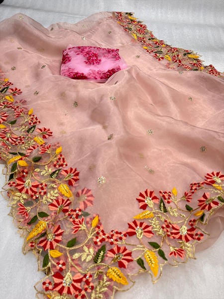 Unique Style Organza embroidery Saree with hand stone work