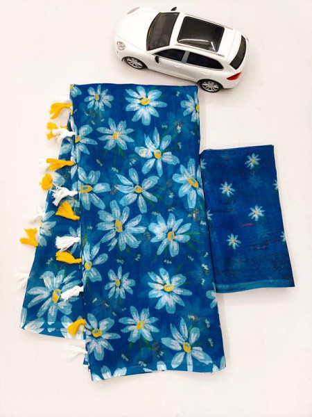 Floral Style Linen Printed Saree with Latkan 