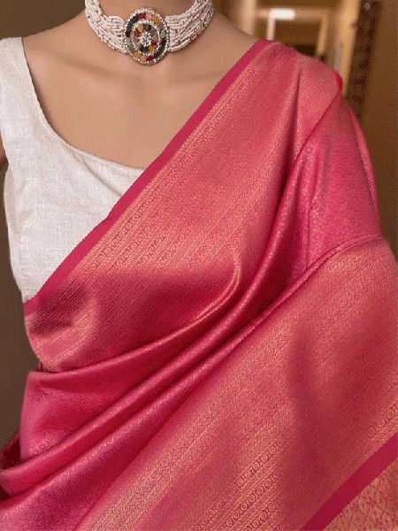 Stunning Pink color Lichi Silk weaving Jacquard Saree