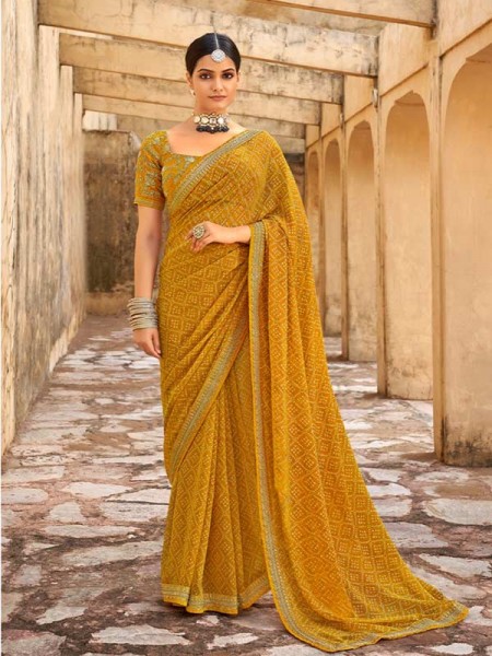Green Georgett Embroidery Border With Embroidery Blouse Saree