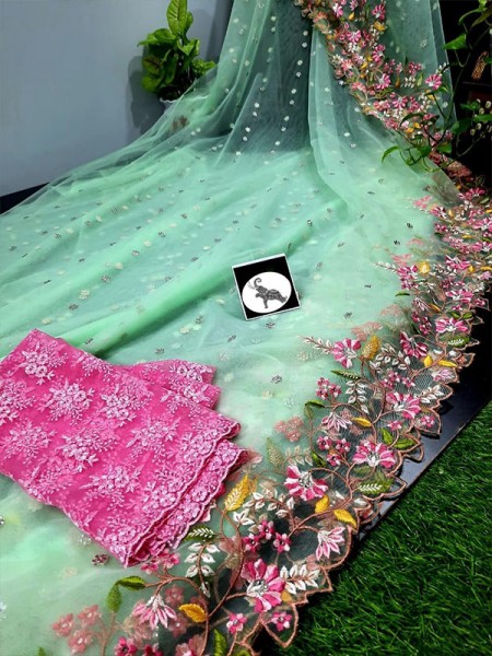 Unique Style Organza embroidery Saree with hand stone work
