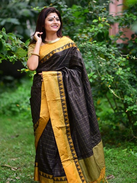 Soft Raw Silk Saree with contrast temple woven border & zari Pallu