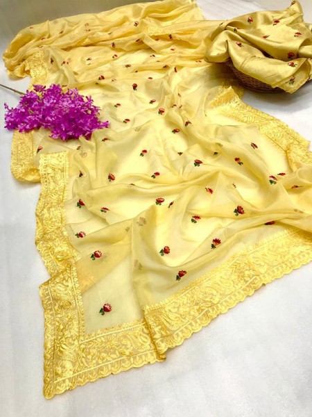 Fabulous Pure Organza Silk Saree with fully embroidered border & butti work AllOver